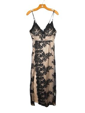 Shareen Collections Australia Black Lace Overlay Maxi Dress Hugh Slit Vamp US 4